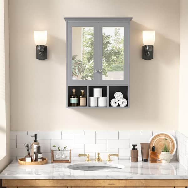 VEIKOUS 23.6 in. W x 7.5 in. D x 30.4 in. H Oversized Bathroom Storage Wall Cabinet with Adjustable Shelves and Mirror, Gray