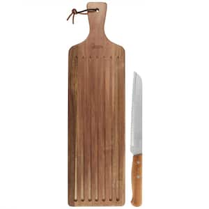 2-Piece Acacia Wood Serving Board and Bread Knife Set in Brown