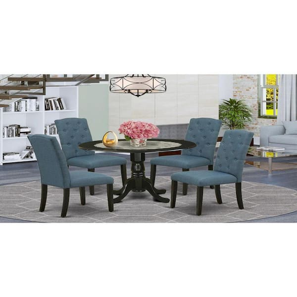 East West Furniture 5-Piece Round Black Finish Solid Wood Top Dining Table with 4-Parson Chair with Drop Leaf Lattice Back