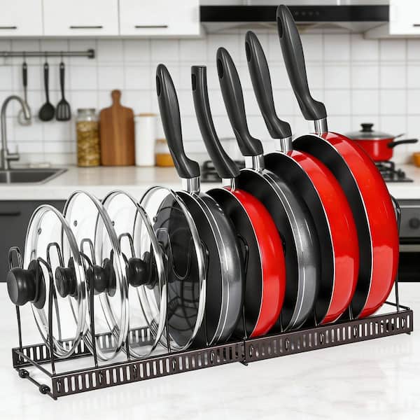 Bronze Expandable Standing Pot Rack Organizer for Cabinet with 10 Adjustable Compartment for Cabinet Cookware and Baking