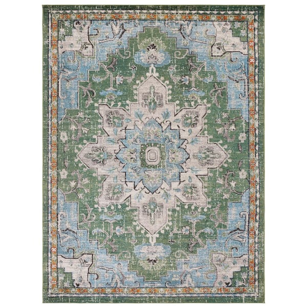 SAFAVIEH Madison Green/Turquoise 10 ft. x 14 ft. Border Geometric Floral Medallion Area Rug