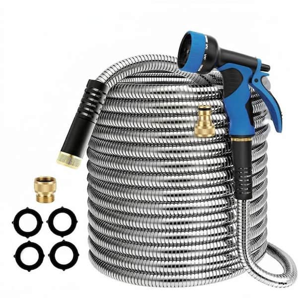 3/4 in. x 100 ft. Heavy-Duty Metal Garden Hose Flexible Stainless Steel Water Hose with 10-Pattern Nozzle