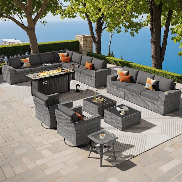 Bissty Gray 16-Piece Wicker Wide Arm Patio 54 in. Rectangle Fire Pit Conversation Set with Black Cushions