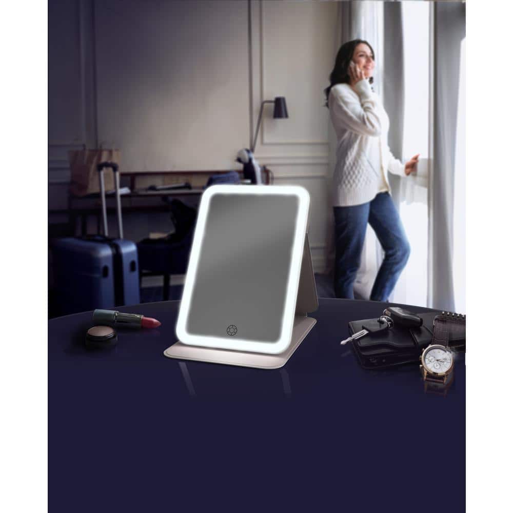 White Shatterproof Travel Mirror with Adjustable Stand and Light