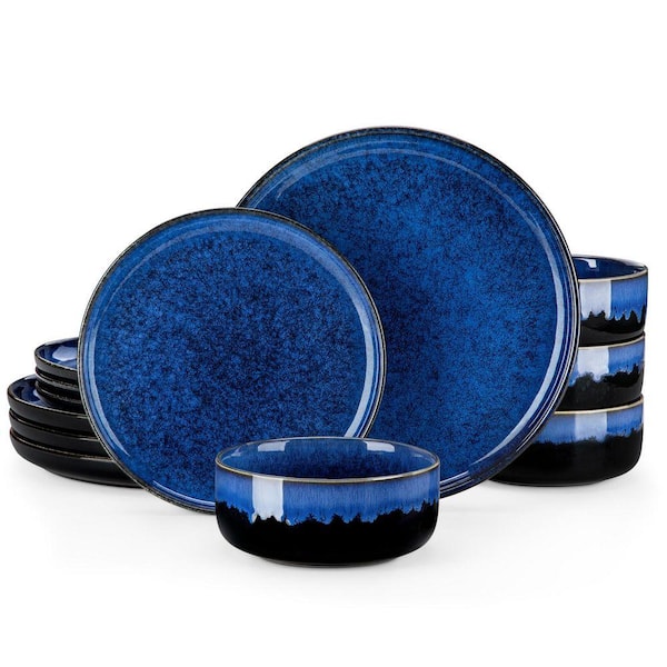 12-Piece Blue Stoneware Dinnerware Set Service Set for 4 Bowls and Plates Set