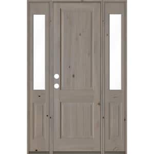 58 in. x 96 in. Rustic Knotty Alder Square Top Right-Hand/Inswing Clear Glass Grey Stain Wood Prehung Front Door w/DHSL