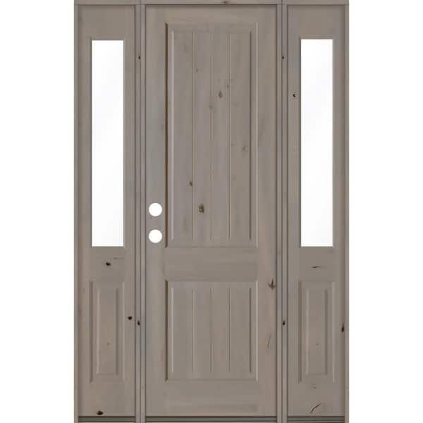 Krosswood Doors 58 in. x 96 in. Rustic Knotty Alder Square Top Right-Hand/Inswing Clear Glass Grey Stain Wood Prehung Front Door w/DHSL
