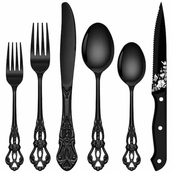 48-Piece Black Stainless Steel Retro Flatware Set for 8 with Steak Knives, Mirror Polished, Dishwasher Safe