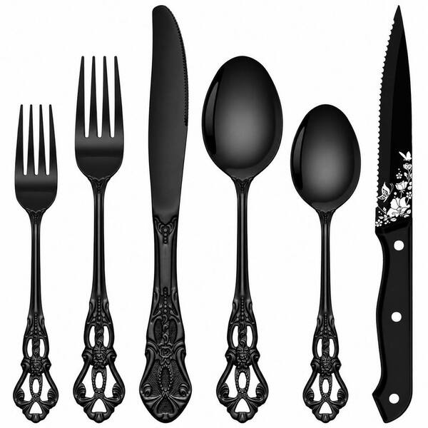 Stainless Steel 2-Piece Black Retro Flatware Set for 8 with Steak Knives, Mirror Polished, Dishwasher Safe