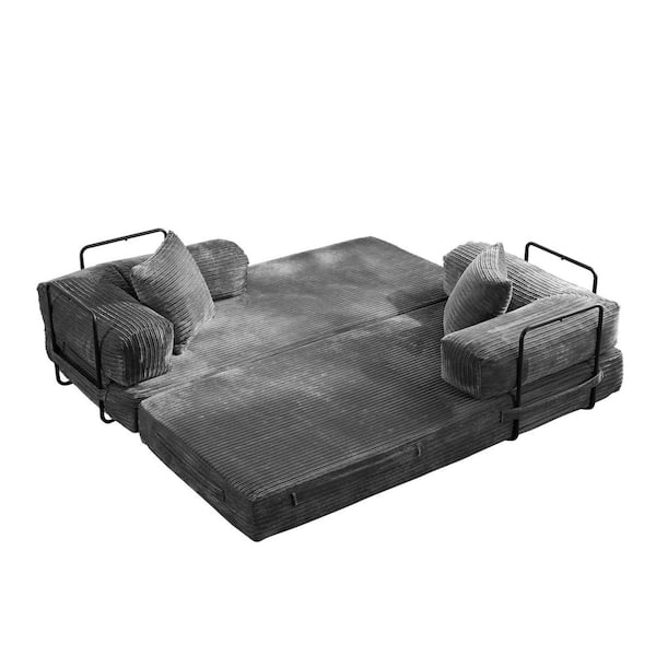 Mega 80 in. Gray Corduroy King Size Convertible Sleeper Loveseat Lounge Modular Folding Sofa Bed with Pillow