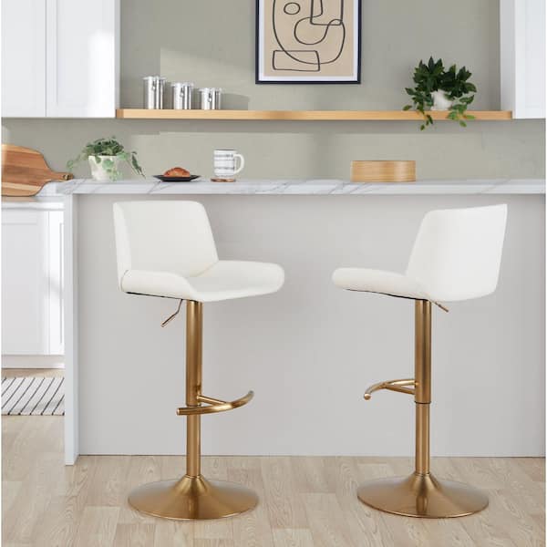 Lumisource Santi 31.5 in. White Faux Leather and Gold Metal Adjustable Barstool (Set of 2)