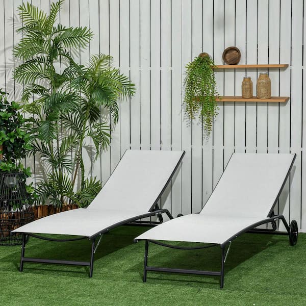 Unbranded 2-Piece White Metal Outdoor Chaise Lounge Tanning Chair with Wheels and 5 Adjustable Positions for Beach, Yard, Pool