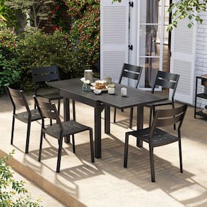 Black 7-Piece Aluminum Outdoor Dining Set with Expandable Table and Stackable Chairs