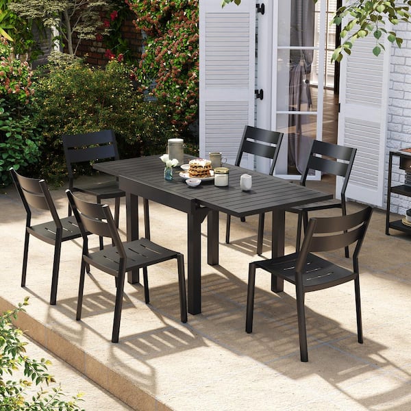 Pellebant Black 7-Piece Aluminum Outdoor Dining Set with Expandable Table and Stackable Chairs