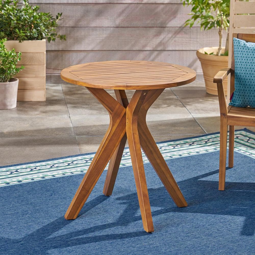 Teak Brown Round Acacia Wood Bistro Table with X Legs