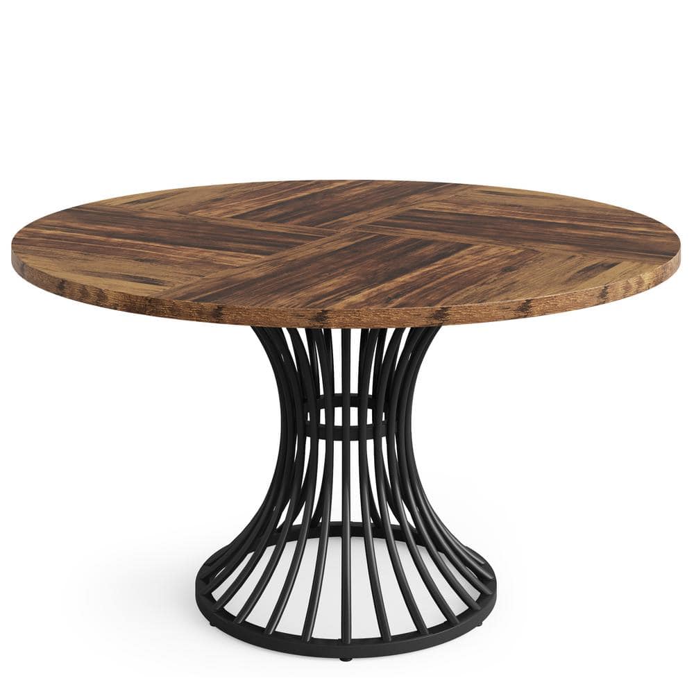 Halseey Rustic Brown Wood 47 in. Round Dining Table with Metal Base Seats 4-6 People for Kitchen and living Room