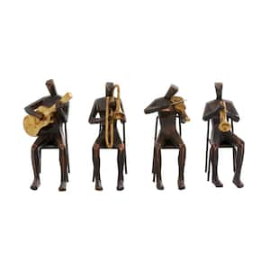 Brown Polystone Musician Sculpture with Gold Instruments (Set of 4)