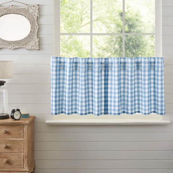 VHC BRANDS Annie Buffalo Check 36 in. W x 24 in. L Farmhouse Tier Window Panel in Dusk Blue Soft White Pair