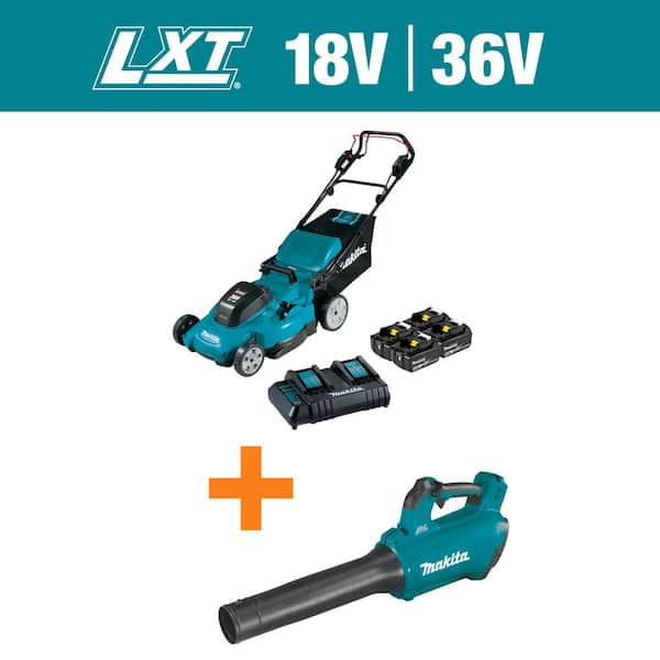 Makita 18V X2 (36V) LXT Cordless 21 in. Lawn Mower Kit & 4 batteries (5.0Ah) with 18V Brushless Cordless Blower