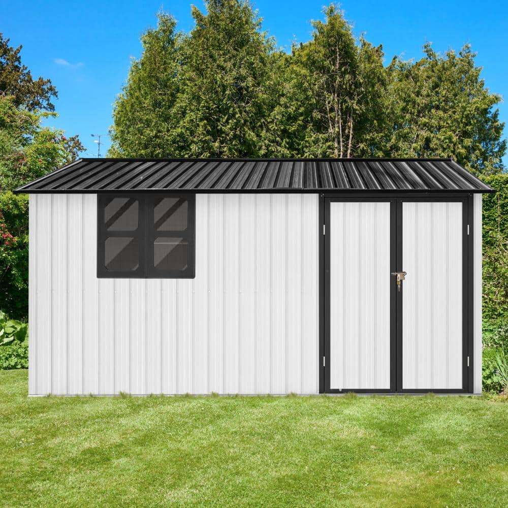 White 12x10 Ft Metal Outdoor Garden Storage Shed with Windows Hinged Door and Goods Shelves price history on PriceWatchPro