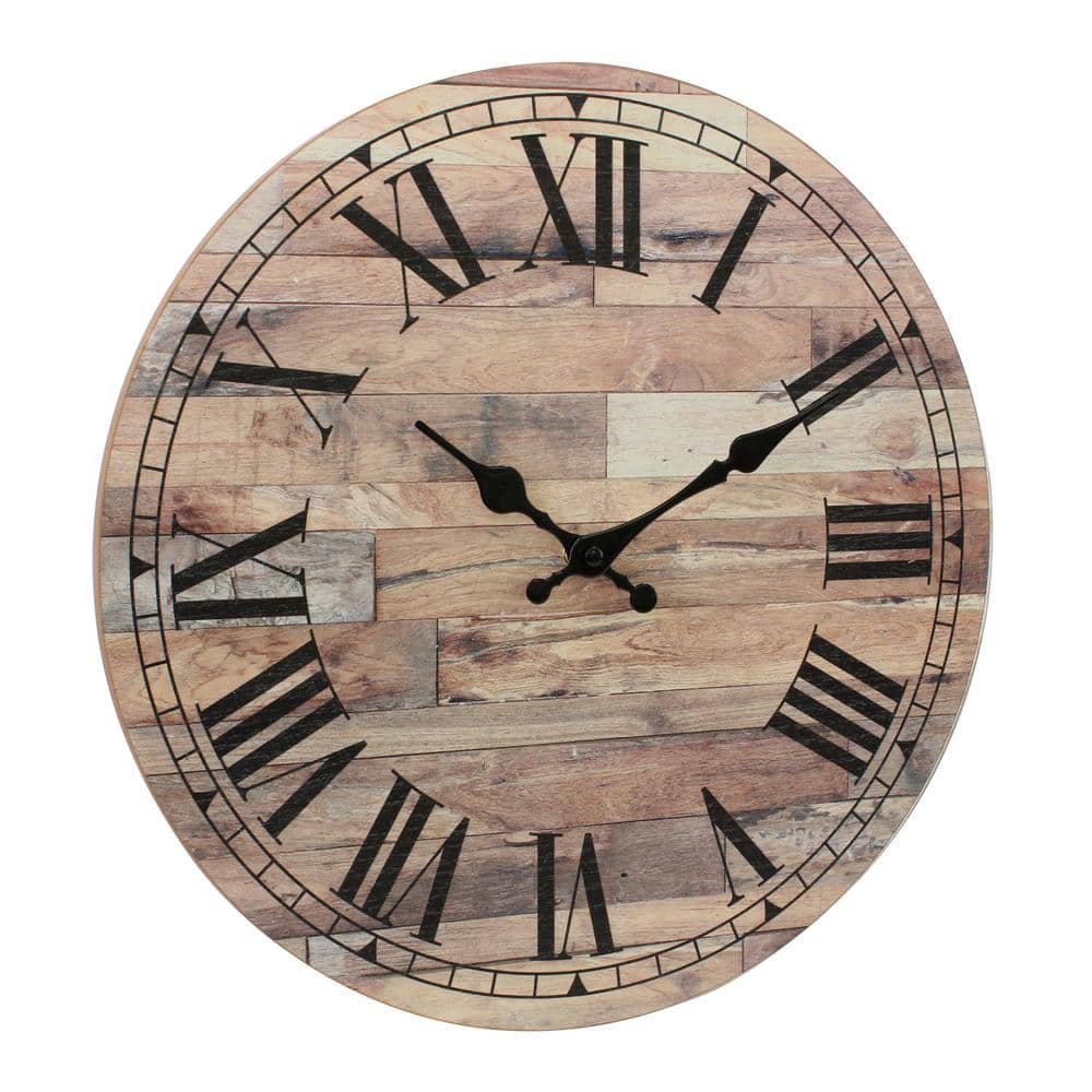 14-Inch Rustic Brown Wooden Roman Numeral Wall Clock