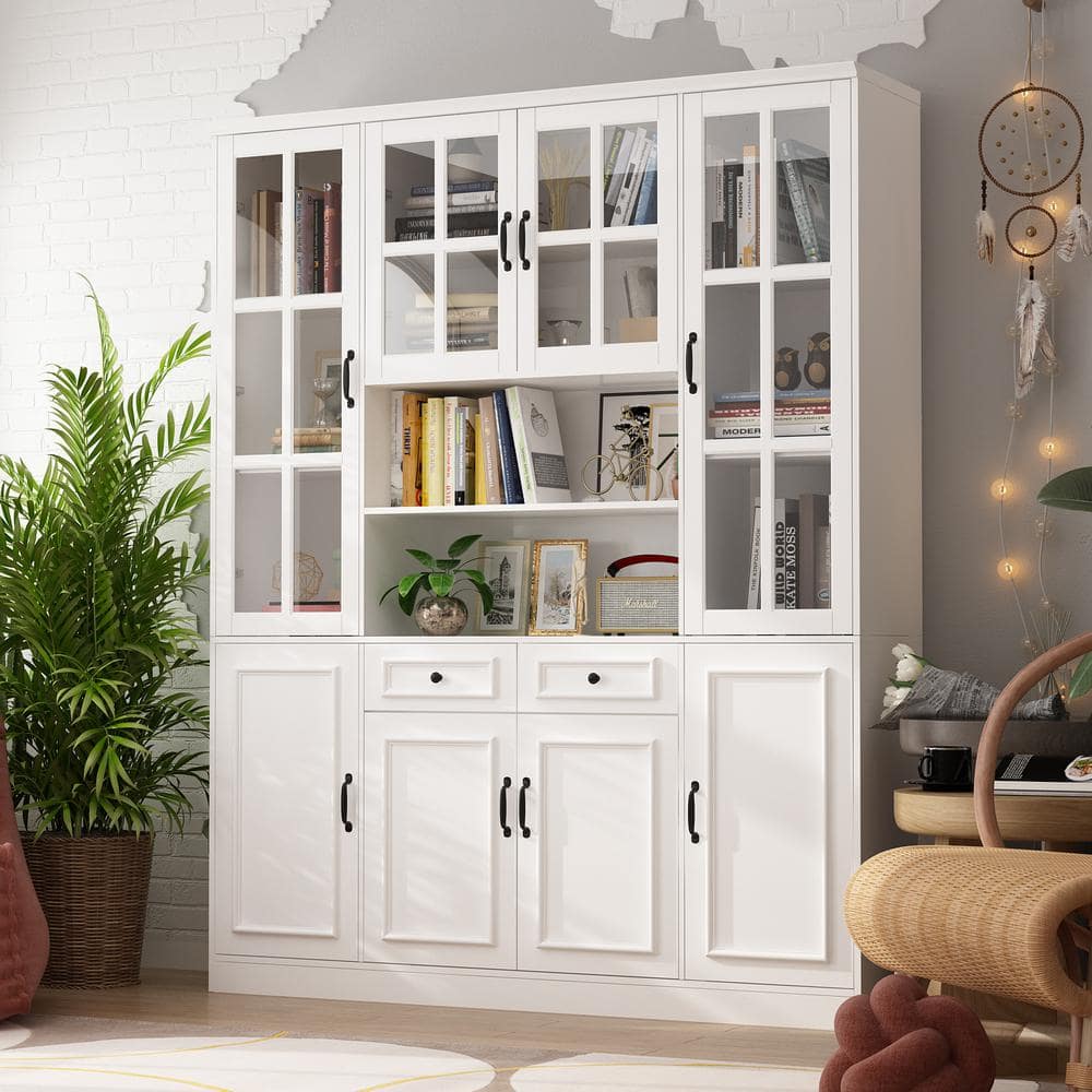 FUFU&GAGA 141.7 in. Luxurious Wall Wide White Wooden 30 Shelves Accent  Bookcase with Tempered Glass Door & 2 Drawers LBB-KF020319,20,21 - The Home  Depot