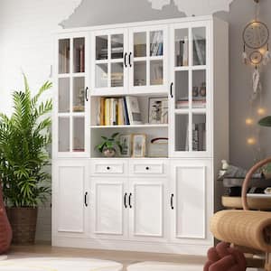 63 in. W x 15.7 in. D x 78.7 in. H White 12-Shelf Wood Standard Bookcase With Doors, Drawers, Adjustable Shelves