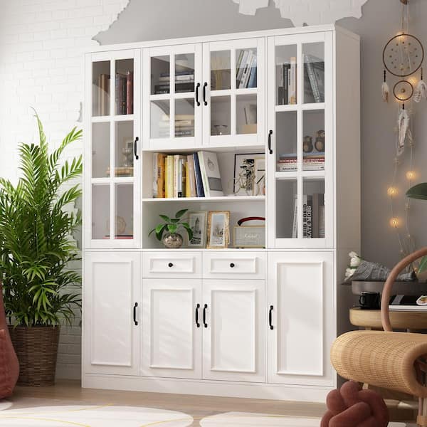 FUFU&GAGA 63 in. W x 15.7 in. D x 78.7 in. H White 12-Shelf Wood Standard Bookcase With Doors, Drawers, Adjustable Shelves