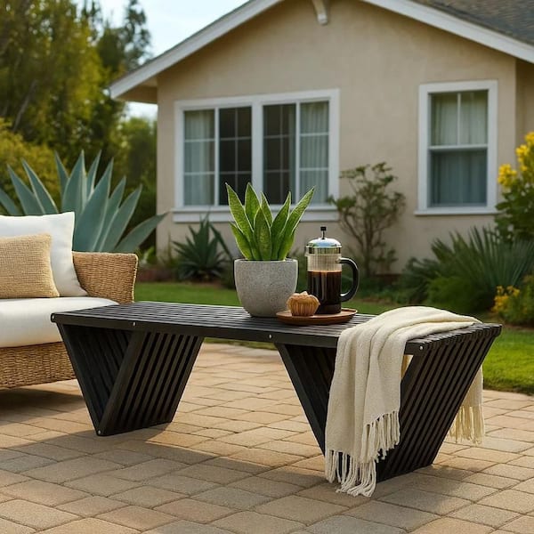 Benjara Riah 63 in. Dark Gray Wood Outdoor Bench with Angled Legs