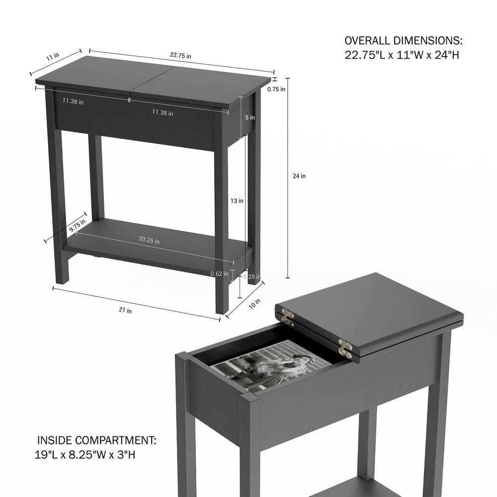 Matte Black Wooden Flip-Top Slim Slide End Table - thumbnail 4