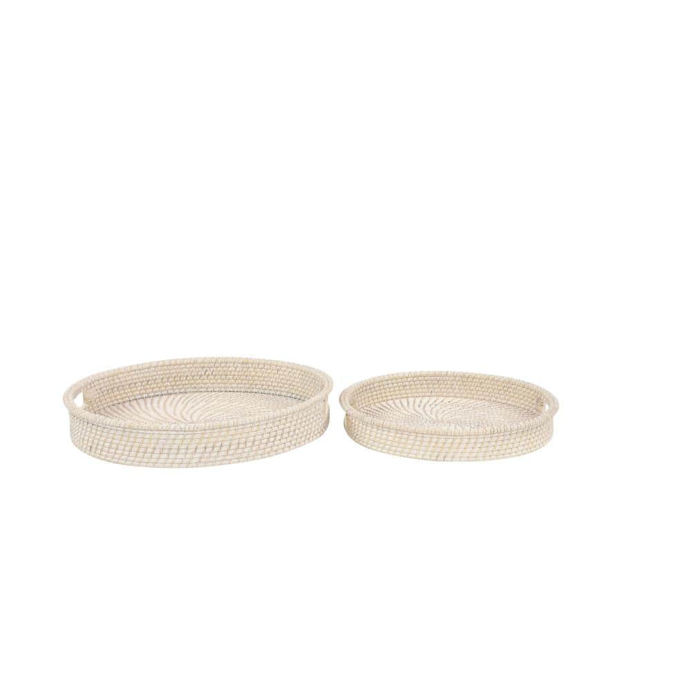 Cream Checkered Round Rattan Decorative Tray Set, 20" and 16"