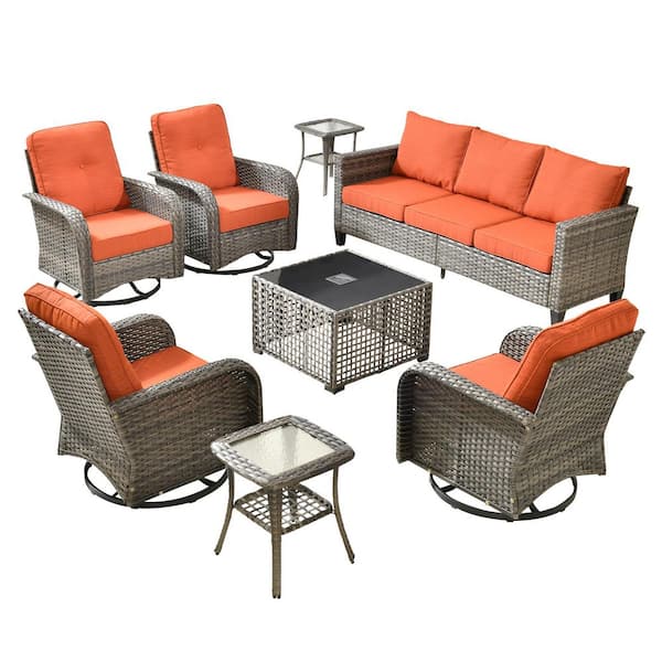 Scarlet 8-Piece Wicker Outdoor Patio Conversation Sofa Set with Swivel Chairs, a LED Table and Orange Red Cushions