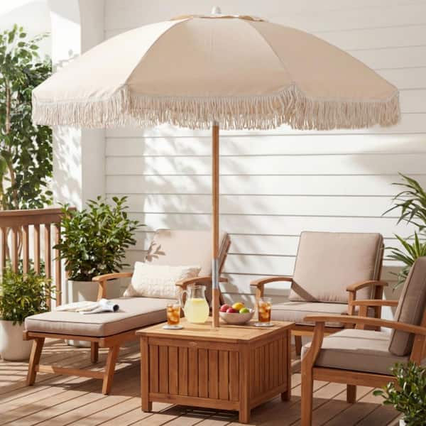 6 white patio umbrella Kadehome 6 ft. Outdoor Patio Umbrella with Tilt Adjustment, Fringe and Wood Pole in White