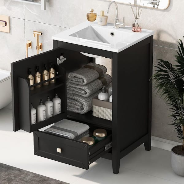 20 in. W Single Sinks Freestanding Black Bath Vanity with White Ceramic Top and Drawers Unassembled