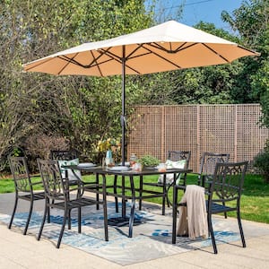 Black 8-Piece Metal Outdoor Patio Dining Set with Wood-Look Table, Umbrella and Fashion Stackable Chairs