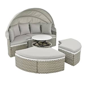 Wicker Outdoor Day Bed, Patio Furniture Round Outdoor Sectional Sofa Set with Grey Cushions Retractable Canopy