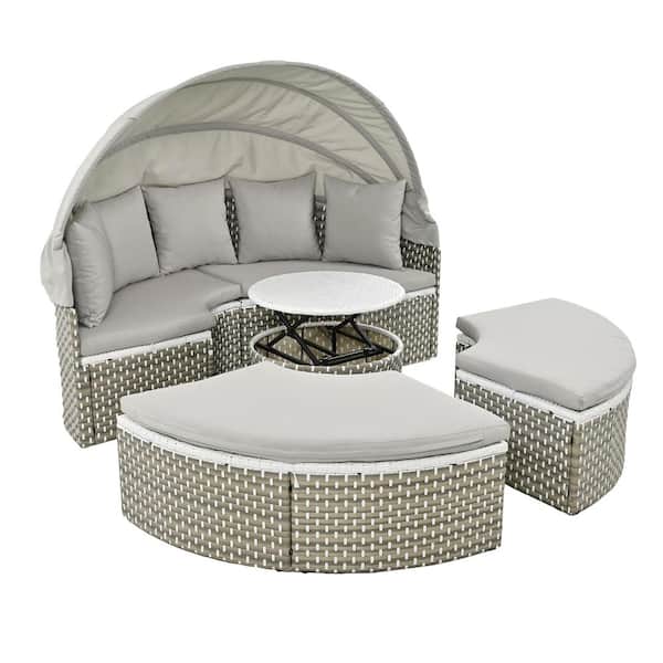 Unbranded Wicker Outdoor Day Bed, Patio Furniture Round Outdoor Sectional Sofa Set with Grey Cushions Retractable Canopy