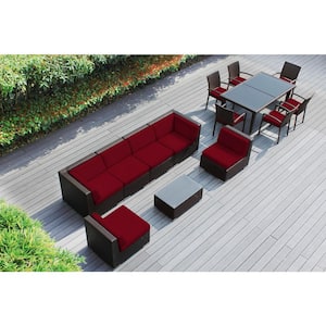 Ohana Dark Brown 14-Piece Wicker Patio Conversation Set with Stackable Dining Chairs and Sunbrella Jockey Red Cushions