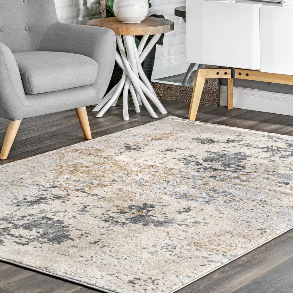 Beige and Gray Abstract Reversible 4' x 6' Synthetic Rug
