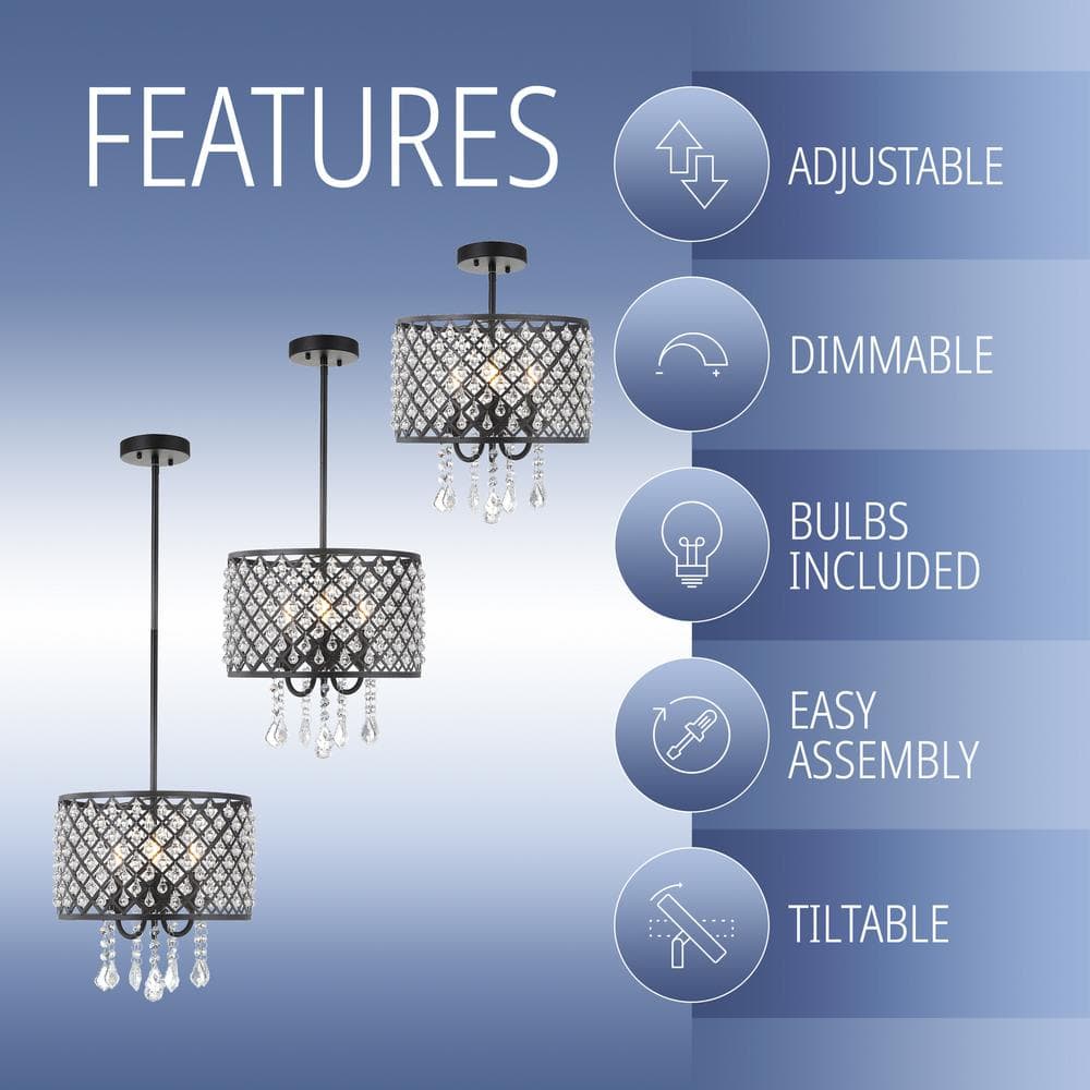 Gigi 13" Glamorous Black Iron & Crystal LED Drop Chandelier