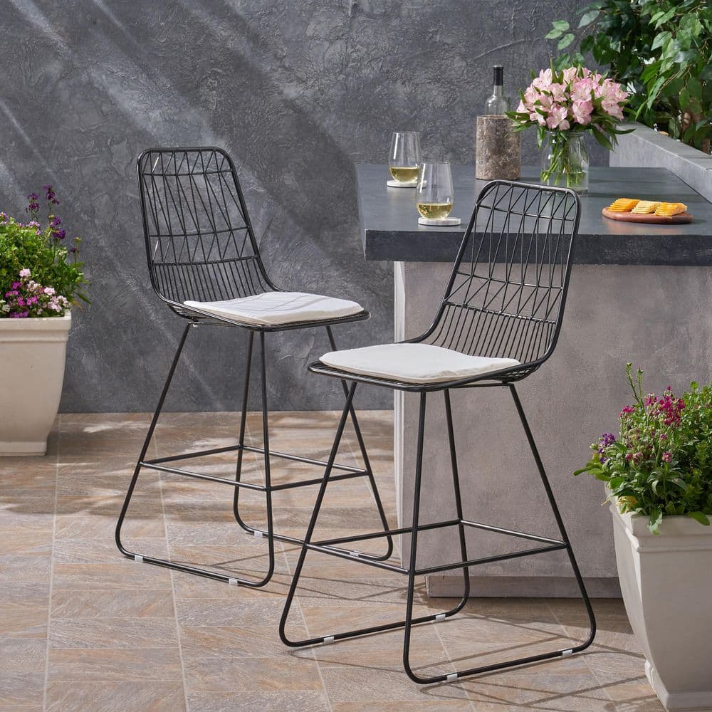 Metal Outdoor Bar Stool Wire Counter Stool with White Cushions (Set of 2)