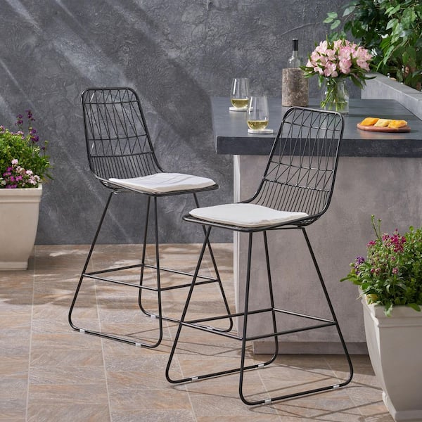 Unbranded Metal Outdoor Bar Stool Wire Counter Stool with White Cushions (Set of 2)