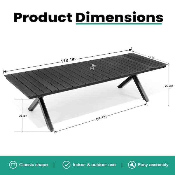 CLOUDFLY Extra Large 118 x 40.6 Inch Black Aluminum Outdoor Dining
