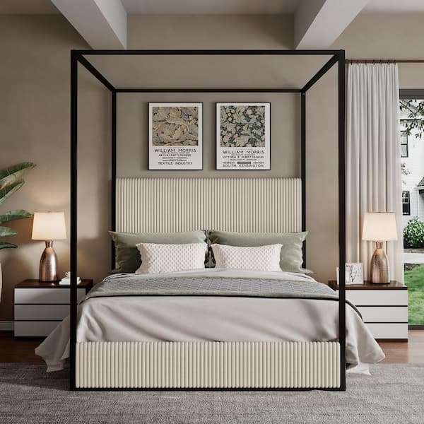 White and Black Metal and Wood Frame King Size Corduroy Upholstered Canopy Bed with High-Backed Headboard