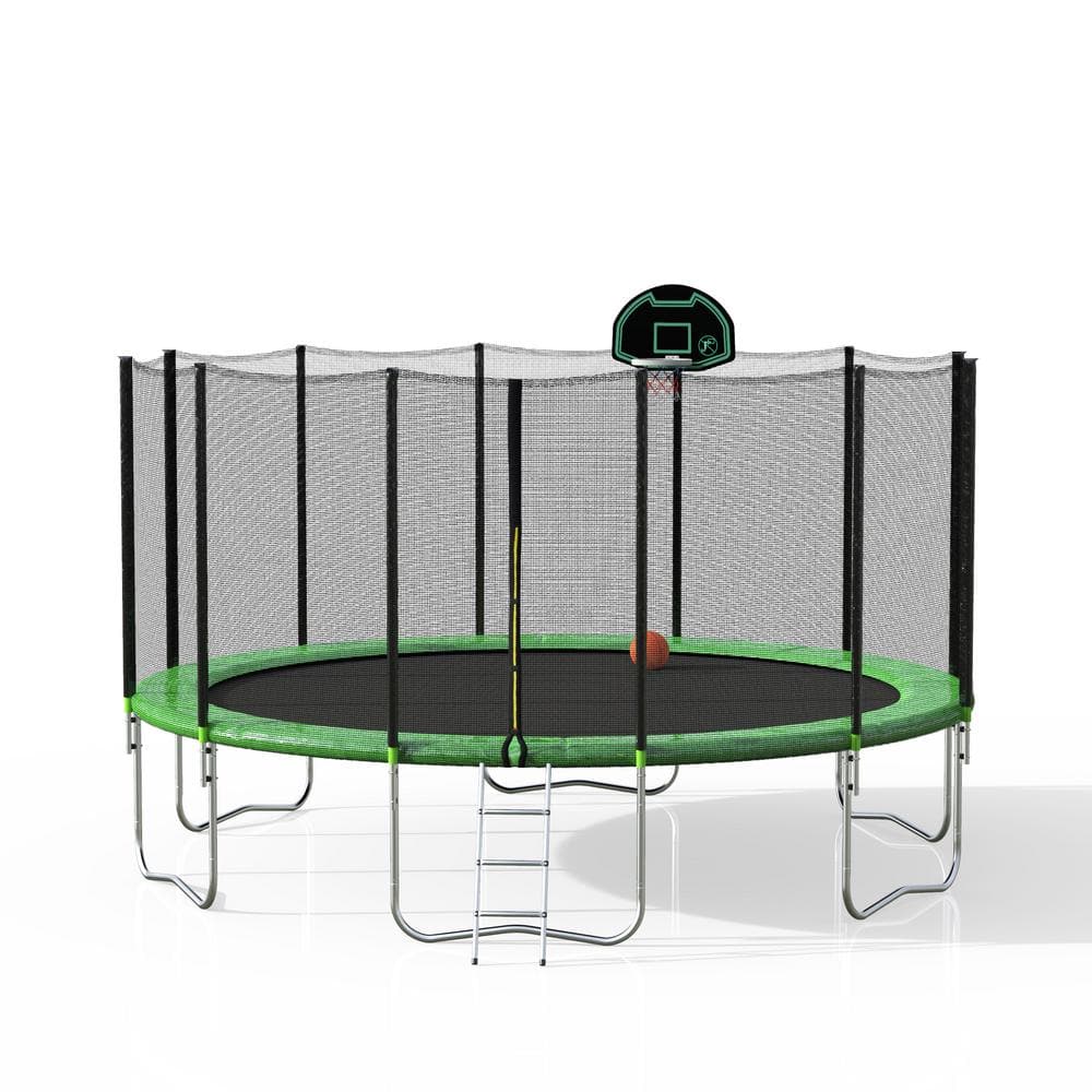Green and Black 16 ft. Trampoline with Safety Enclosure Net and Ladder ...