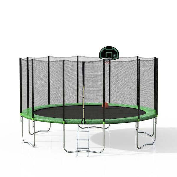 Green and Black 16 ft. Trampoline with Safety Enclosure Net and Ladder ...