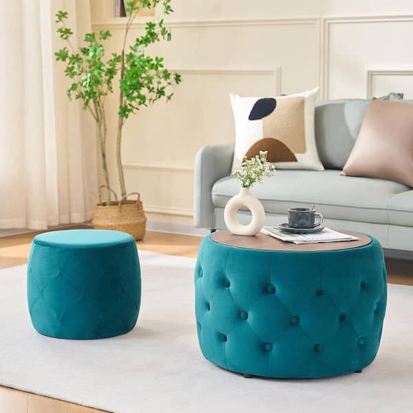 Silas 22.75 in. and 15.75 in. Blue MDF Wood Round Upholstered Velvet Nesting End Table Set with Storage, Ottoman