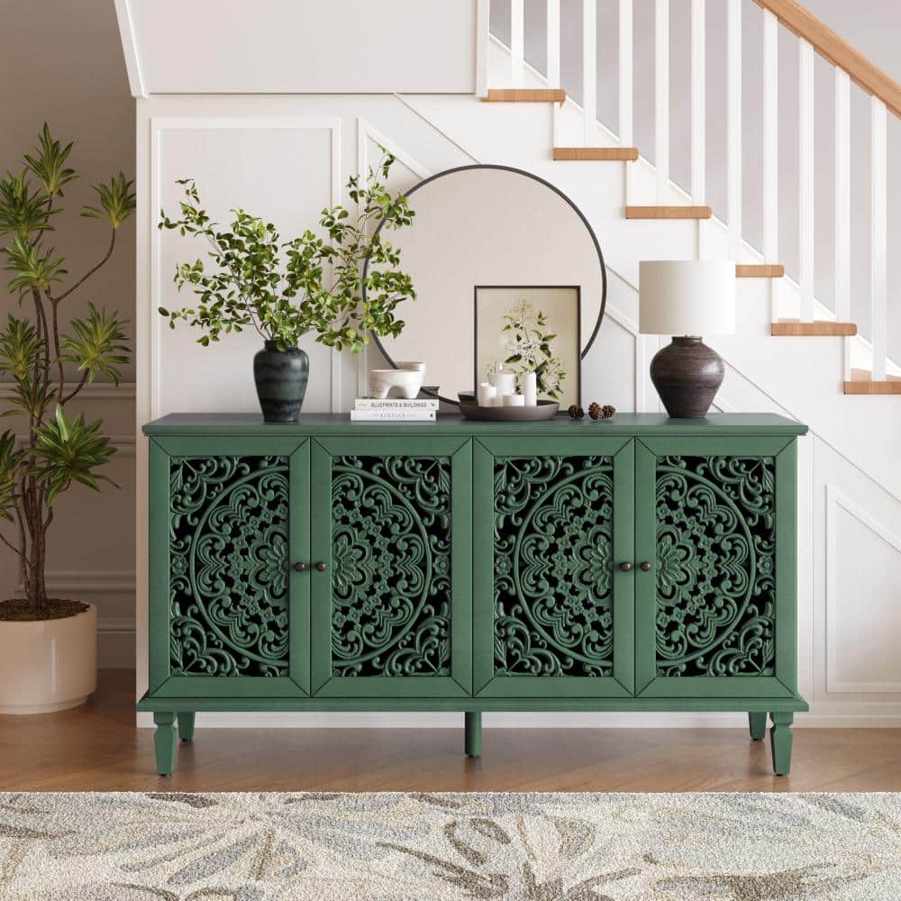 Antique Green Hardwood Buffet with Floral Carvings, Brass Handles, Adjustable Inner Shelves