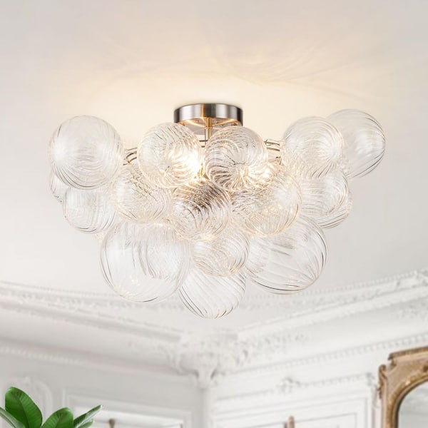 Neuvy 19 in. W 3-Light Nickel Cluster Semi-Flush Mount Chandelier with Globe Spiral Ribbed Glass Shades for Foyer