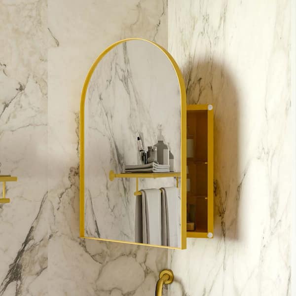 Gold 18 in W x 24 in. H Metal Corner Medicine Cabinet with Mirror, Adjustable Glass Shelves Organizer for Small Spaces